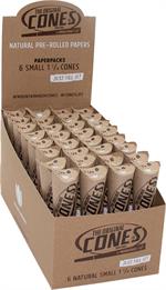 CONES Original Small 1-1/4 Size Cones 6pc Packs - Unbleached - 83mm/Filter 26mm - 32 Packs per Display Image